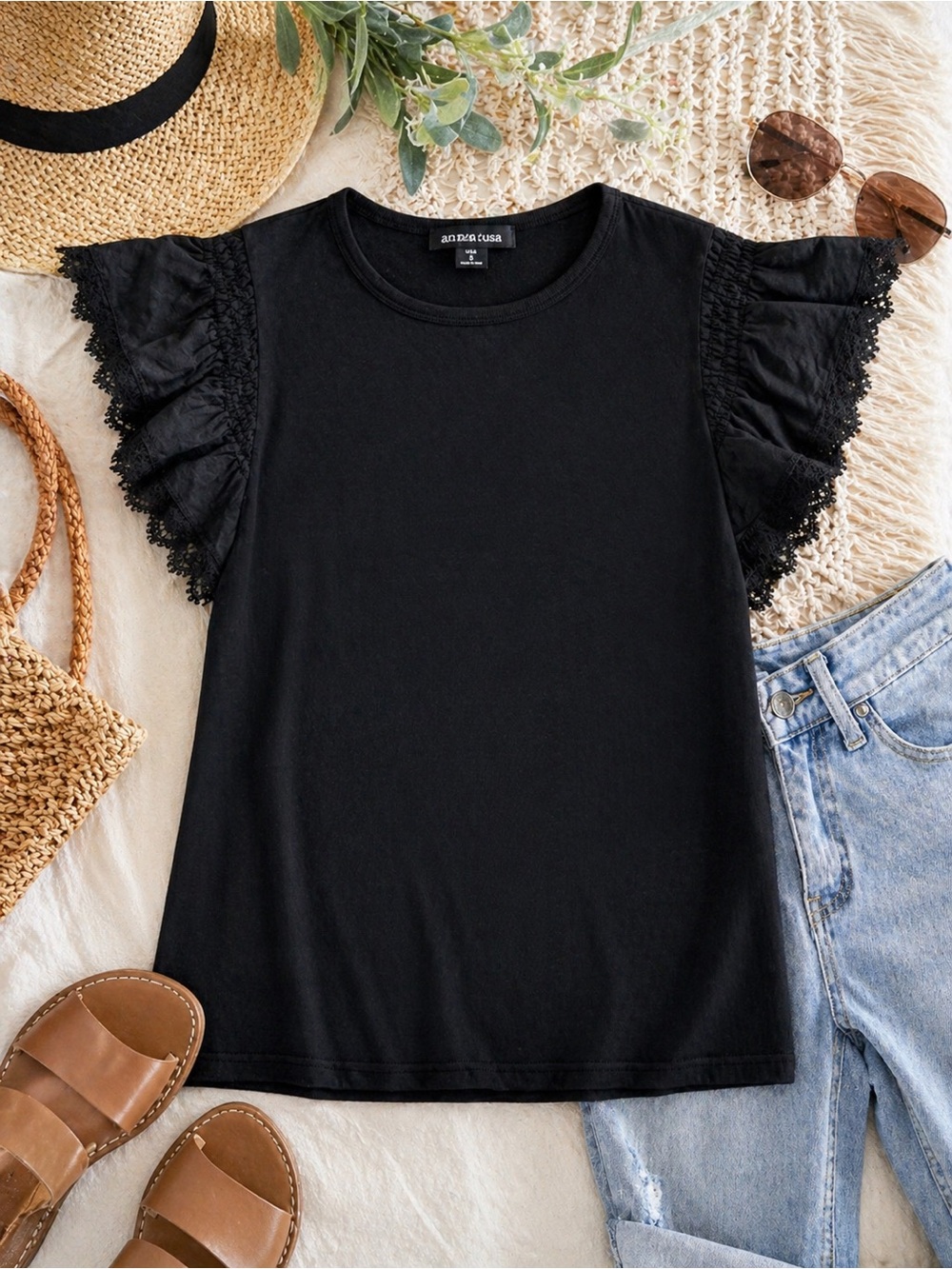 Current Air Black Knit Top Ruffle Lace Sleeves XS Feminine Chic